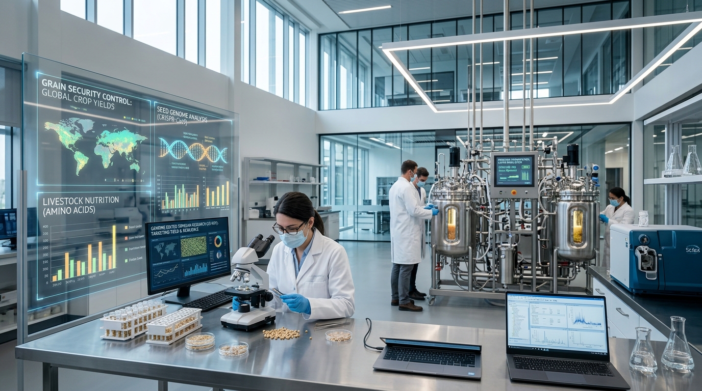 Laboratório de biotecnologia de precisão e controle genético de grãos com reatores industriais para nutrição animal