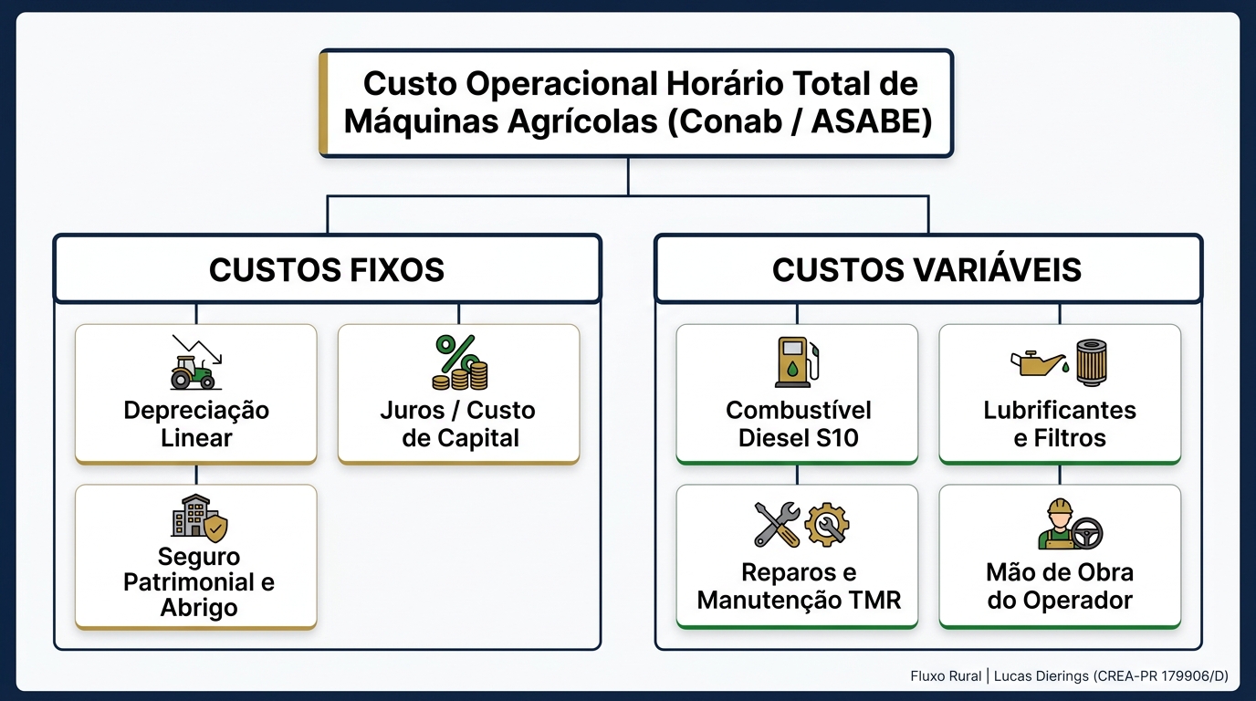 Infográfico do custo operacional horário de máquinas agrícolas conforme metodologias Conab e ASABE