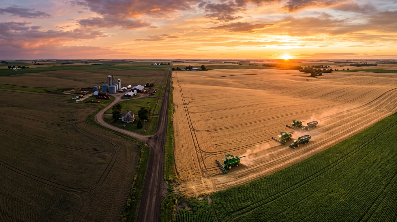 Fazenda ao entardecer vista aérea da produção agrícola