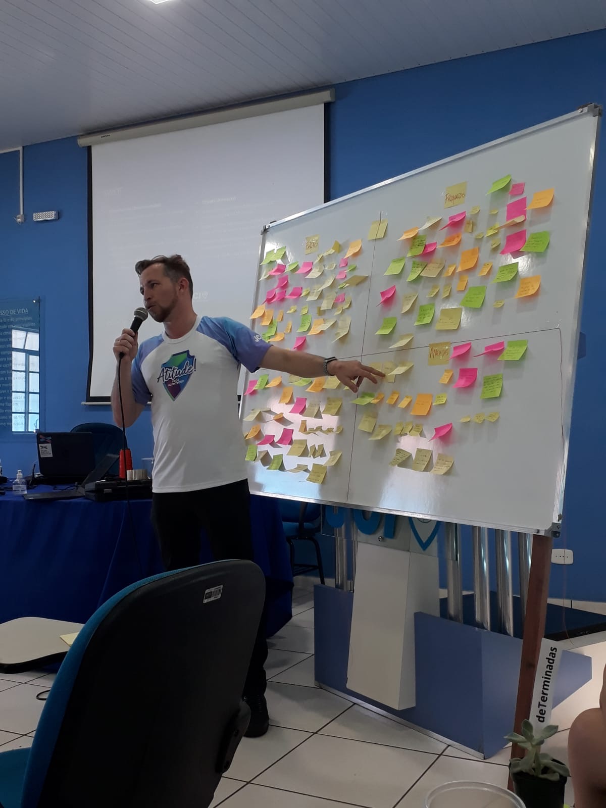 Lucas Dierings conduzindo treinamento com a turma diante do quadro de trabalho